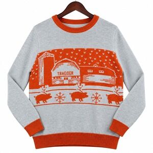 Traeger Grills Ugly Christmas Sweater Mens L Gray Orange Farm Barn Pig Holiday